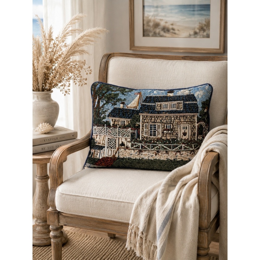 Vintage Coastal Cottage Woven Tapestry Throw Pillow Nautical Sailboat Navy 16x11